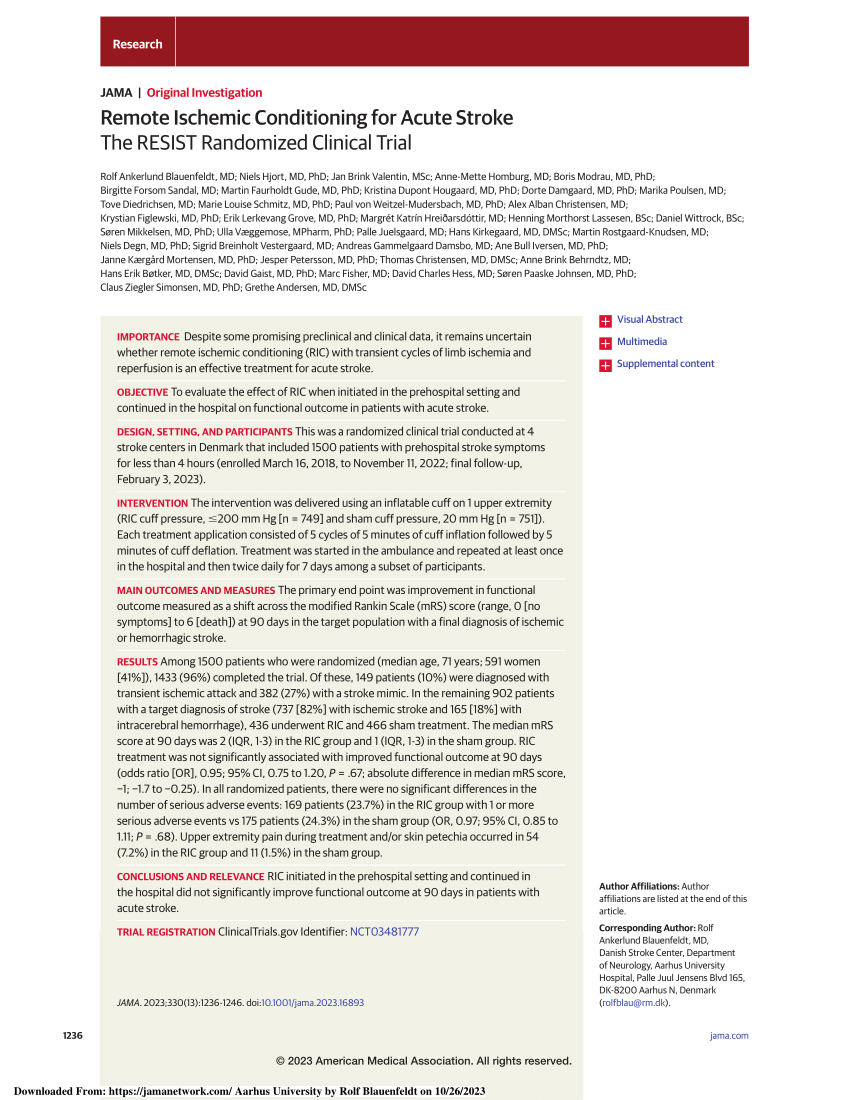 Pdf Remote Ischemic Conditioning For Acute Stroke The Resist Randomized Clinical Trial 2832