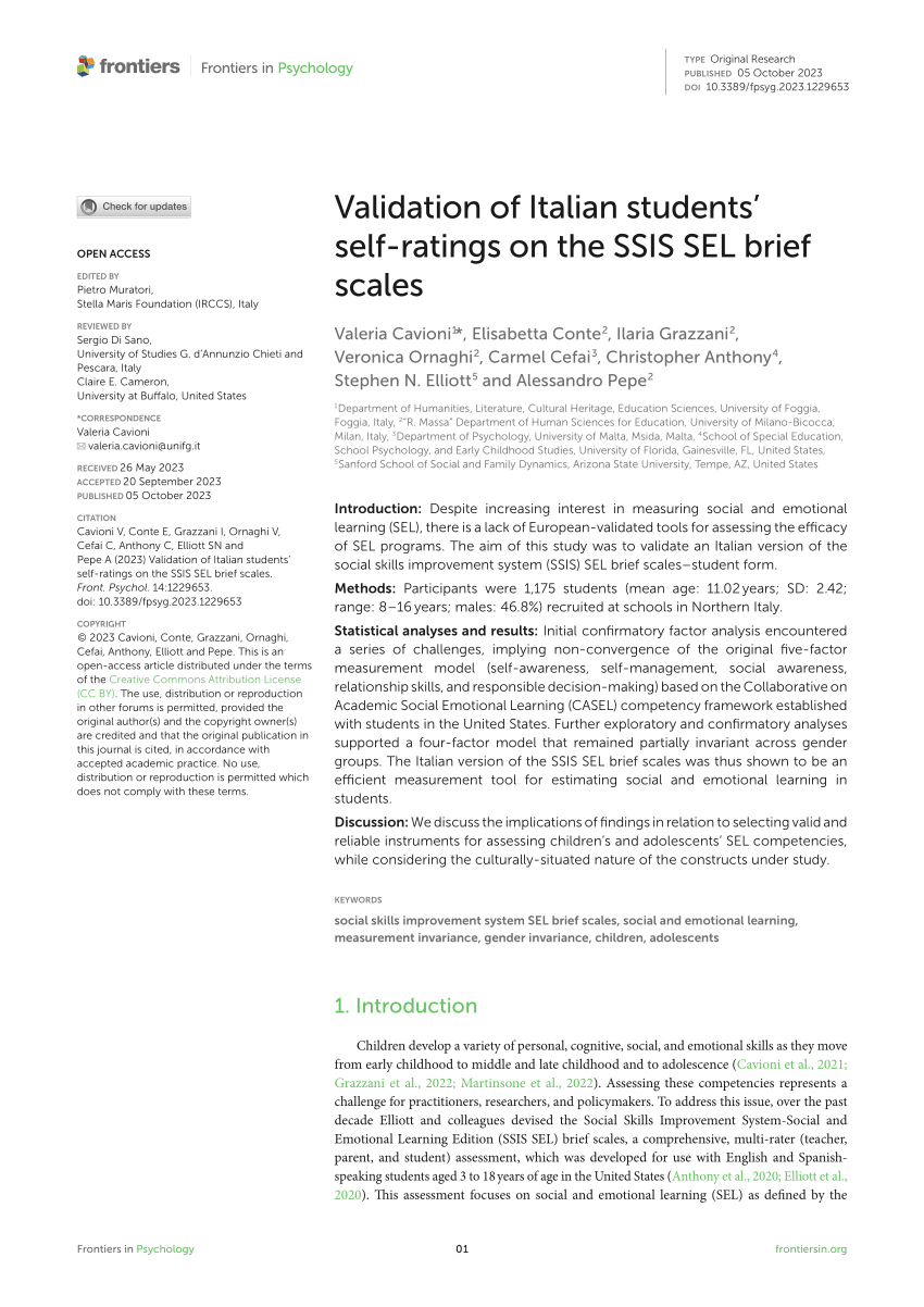 PDF) Validation of Italian students' self-ratings on the SSIS SEL brief  scales