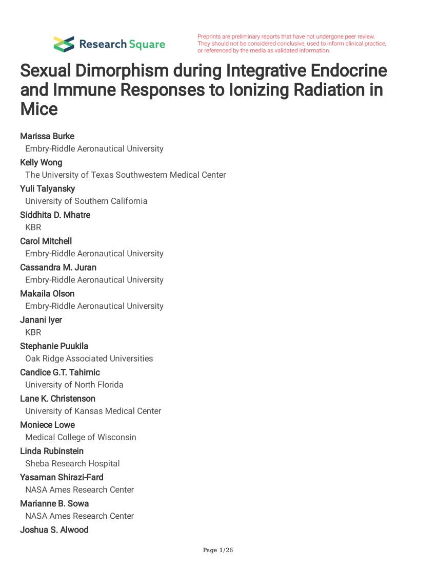 Pdf Sexual Dimorphism During Integrative Endocrine And Immune Responses To Ionizing Radiation 1627