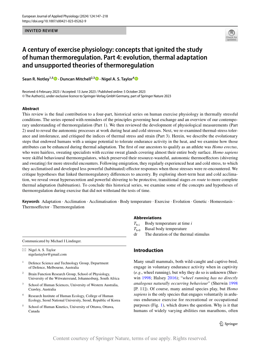 A century of exercise physiology: concepts that ignited the study of human  thermoregulation. Part 3: Heat and cold tolerance during exercise