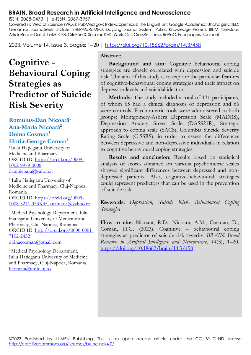 PDF Cognitive Behavioural Coping Strategies as Predictor of  