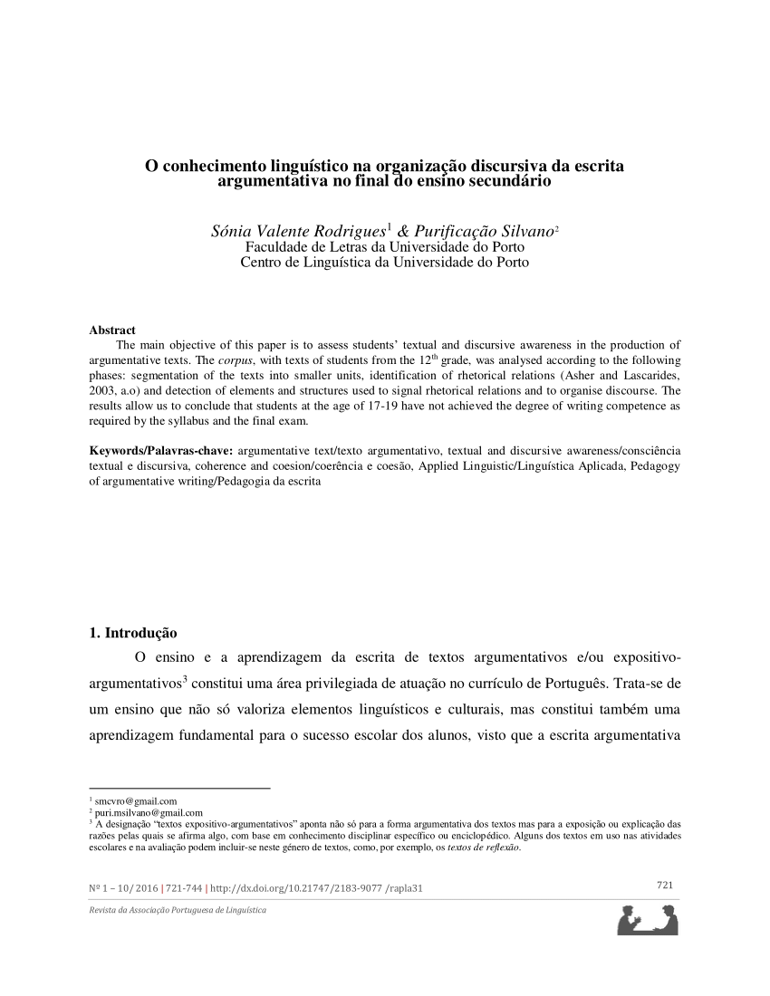 PDF) O conhecimento linguístico na organização discursiva da escrita  argumentativa no final do ensino secundário