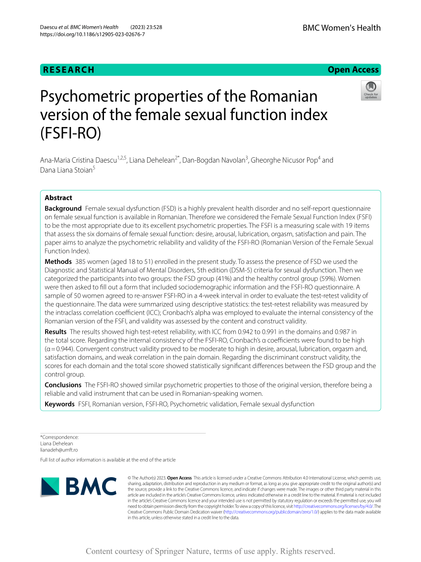 Pdf Psychometric Properties Of The Romanian Version Of The Female Sexual Function Index Fsfi Ro 8676