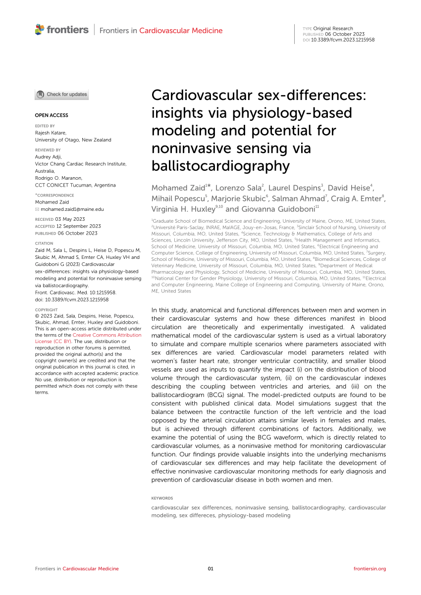 Pdf Cardiovascular Sex Differences Insights Via Physiology Based Modeling And Potential For 