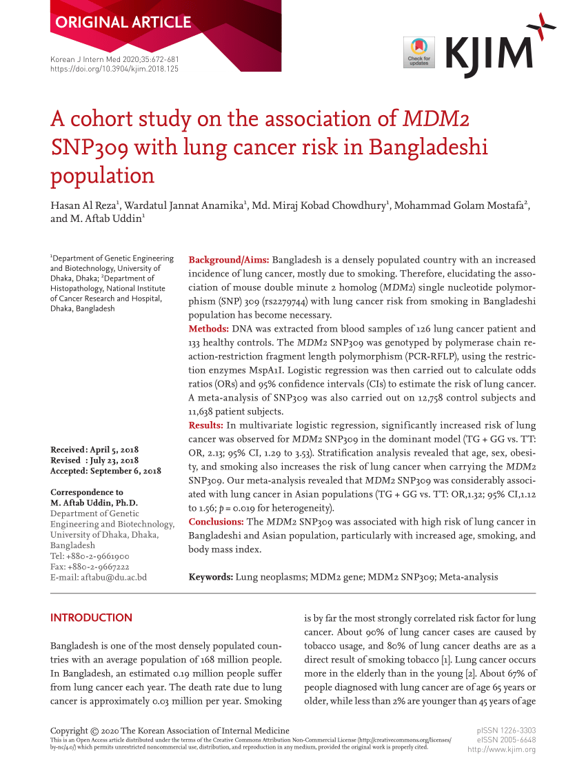 PDF) A cohort study on the association of MDM2 SNP309 with lung 