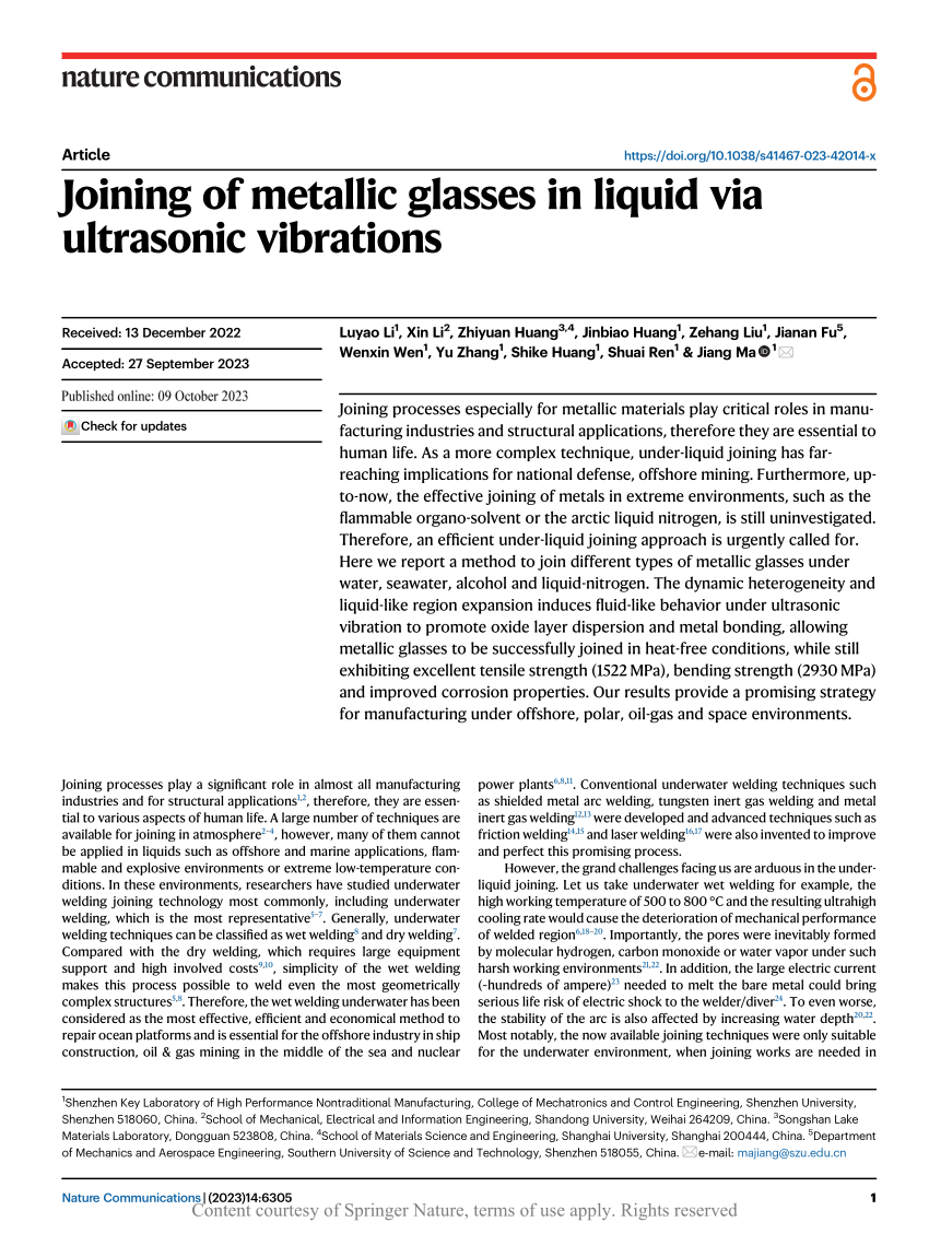 Joining of metallic glasses in liquid via ultrasonic vibrations