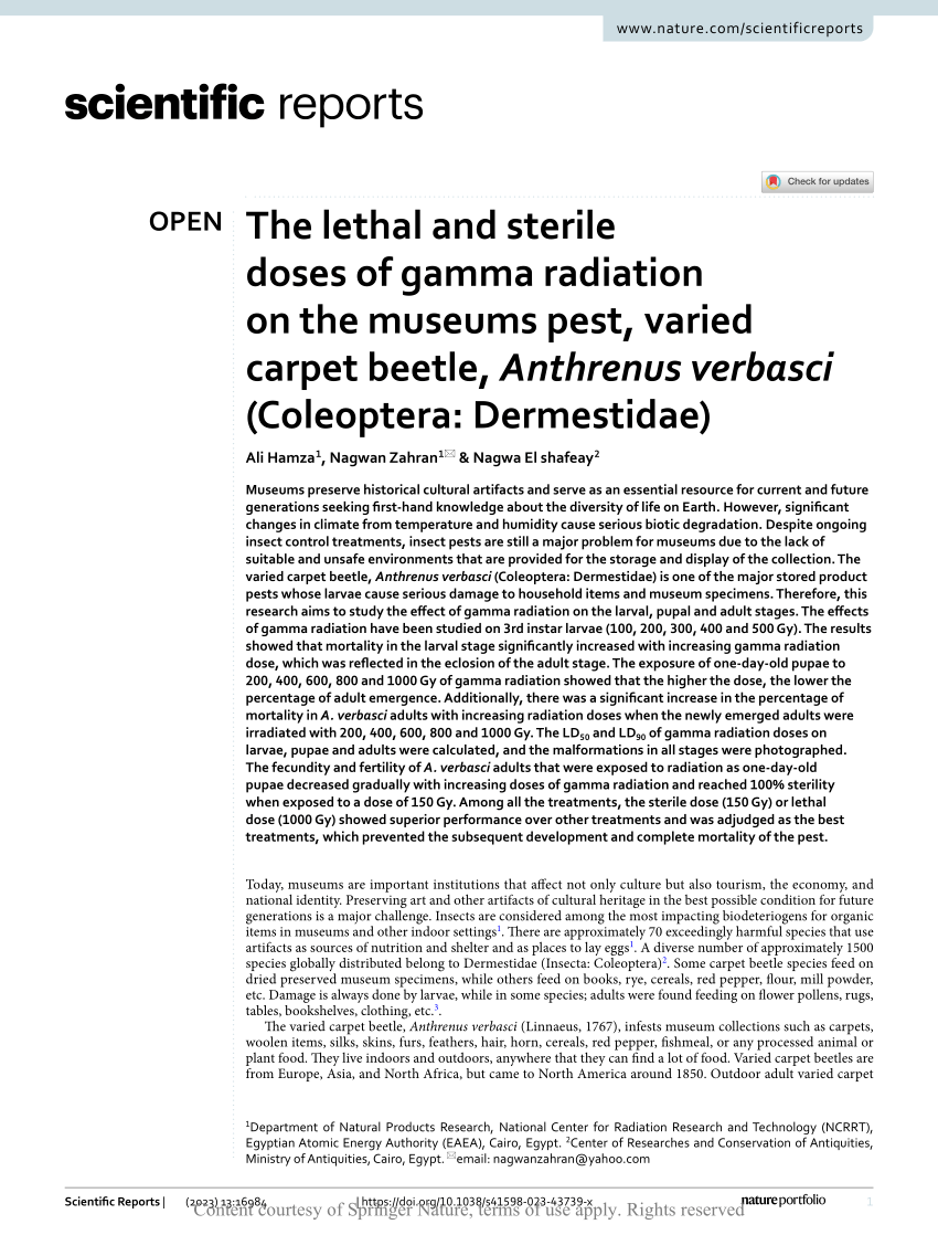 The lethal and sterile doses of gamma radiation on the museums pest, varied carpet  beetle, Anthrenus verbasci (Coleoptera: Dermestidae)