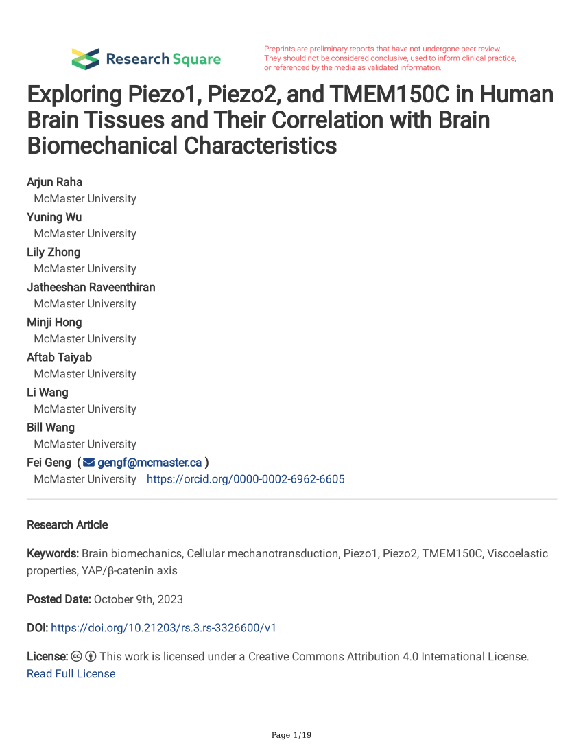 Pdf Exploring Piezo1 Piezo2 And Tmem150c In Human Brain Tissues And