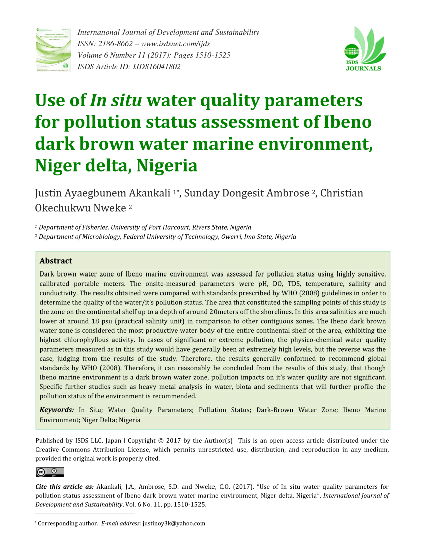 Pdf Use Of In Situ Water Quality Parameters For Pollution Status Assessment Of Ibeno Dark