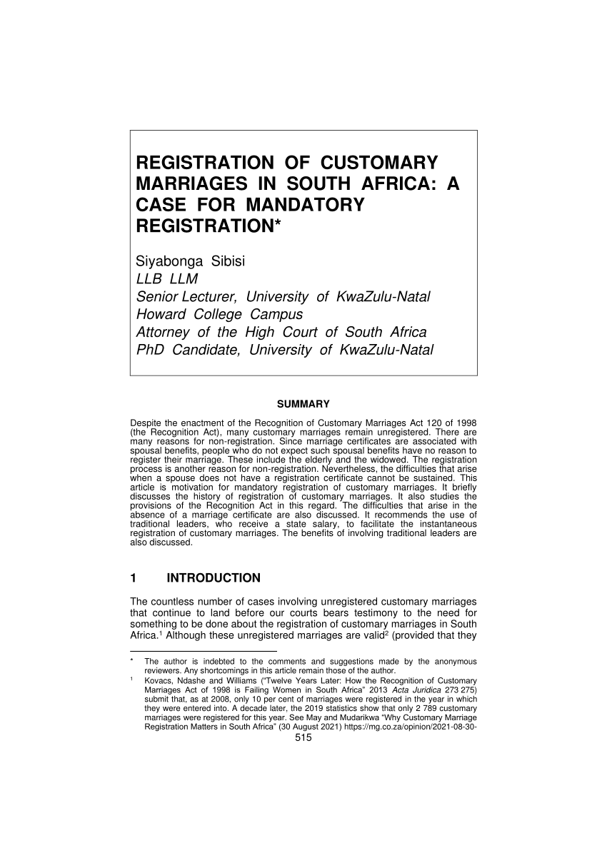 Pdf Registration Of Customary Marriages In South Africa A Case For Mandatory Registration