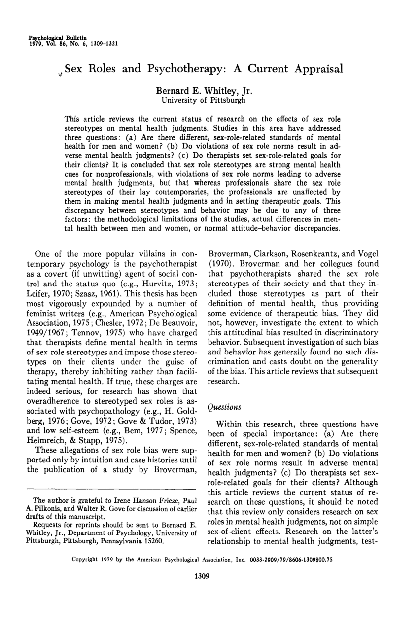 Sex Roles And Psychotherapy A Current Appraisal 