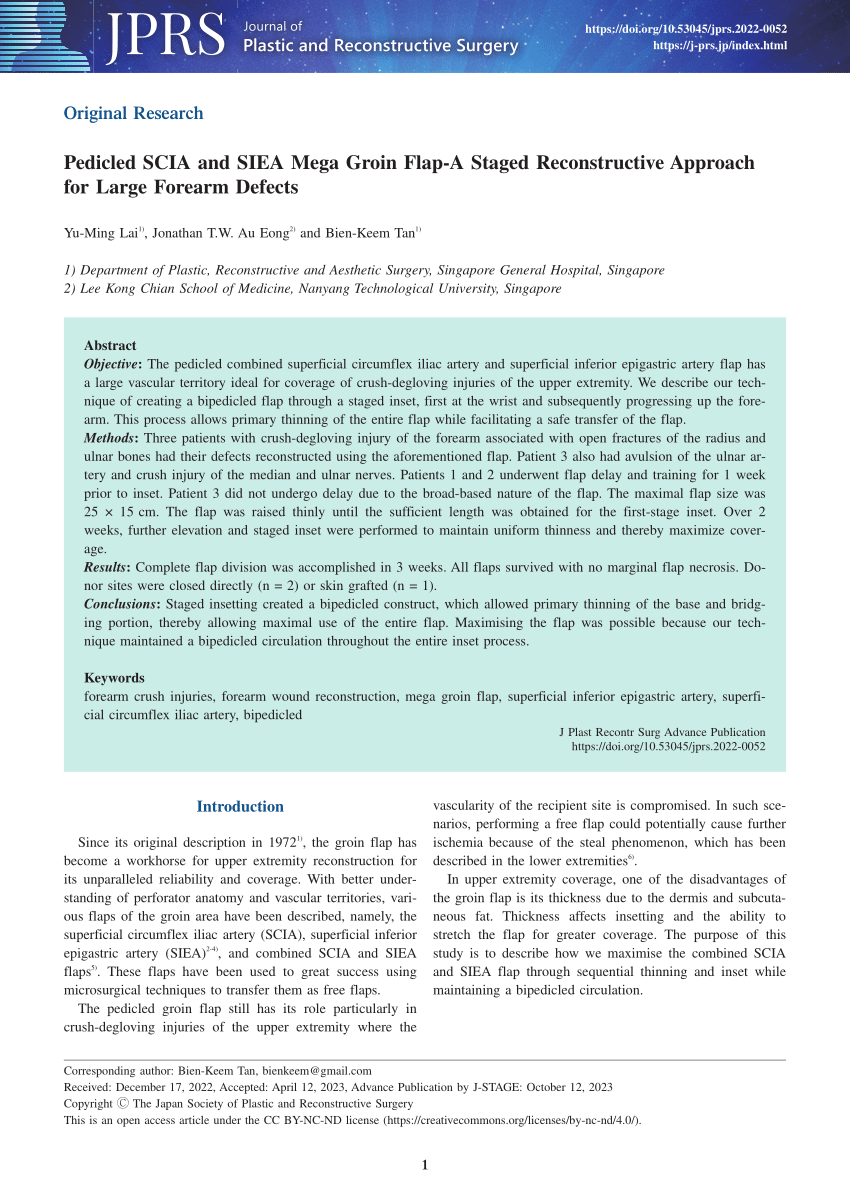 Pdf Pedicled Scia And Siea Mega Groin Flap A Staged Reconstructive Approach For Large Forearm 