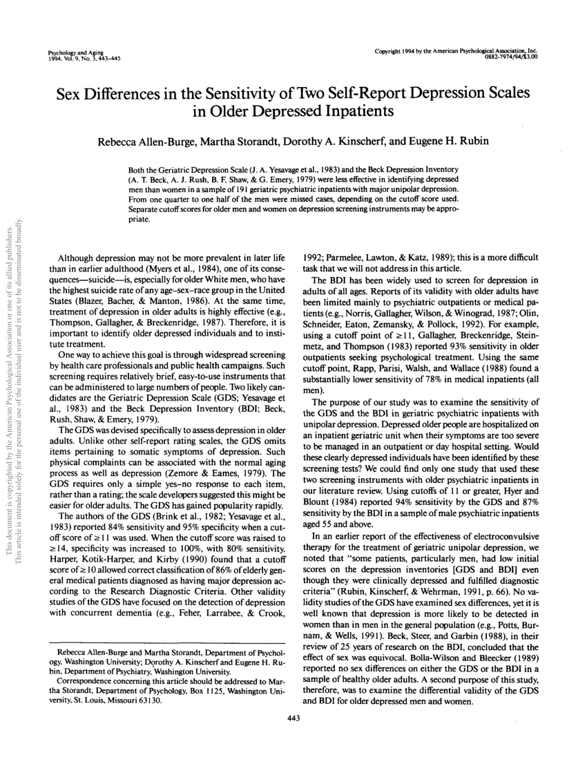 Sex Differences In The Sensitivity Of Two Self Report Depression Scales In Older Depressed 3054