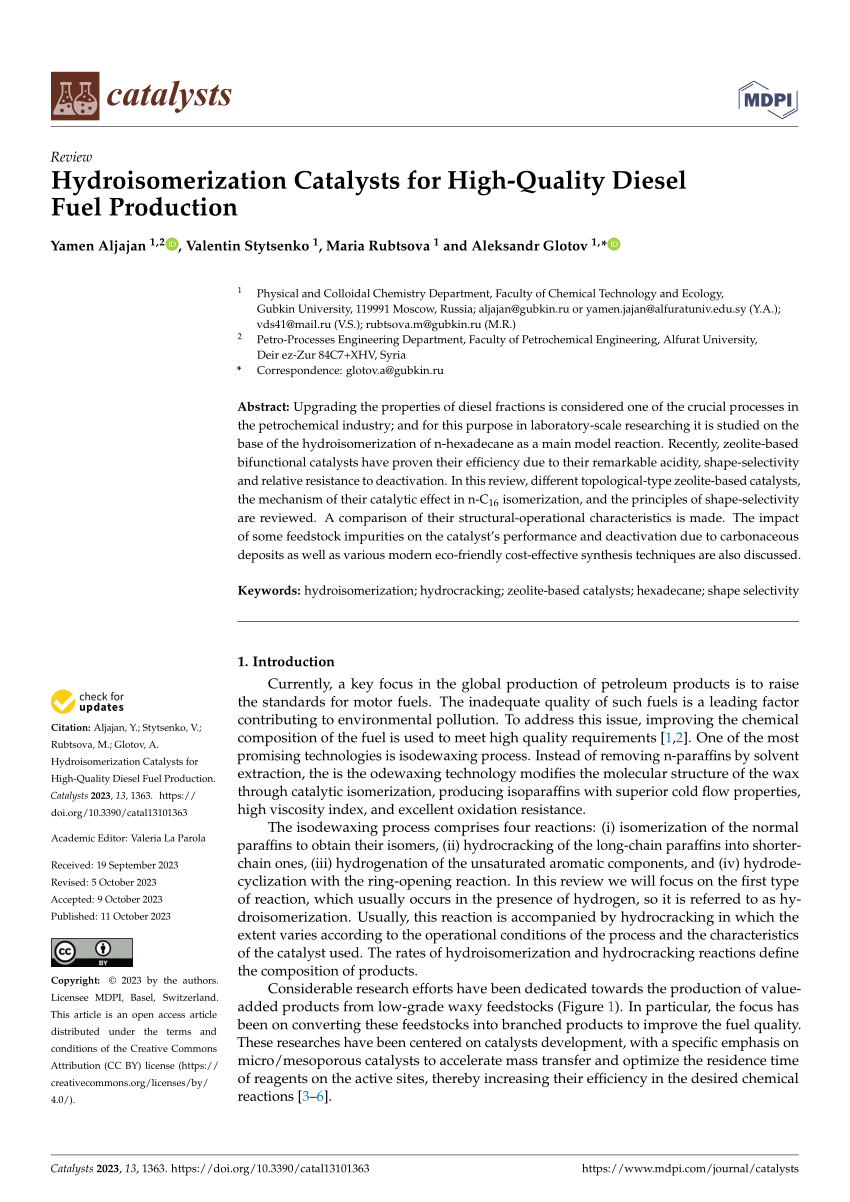 PDF) Hydroisomerization Catalysts for High-Quality Diesel Fuel 