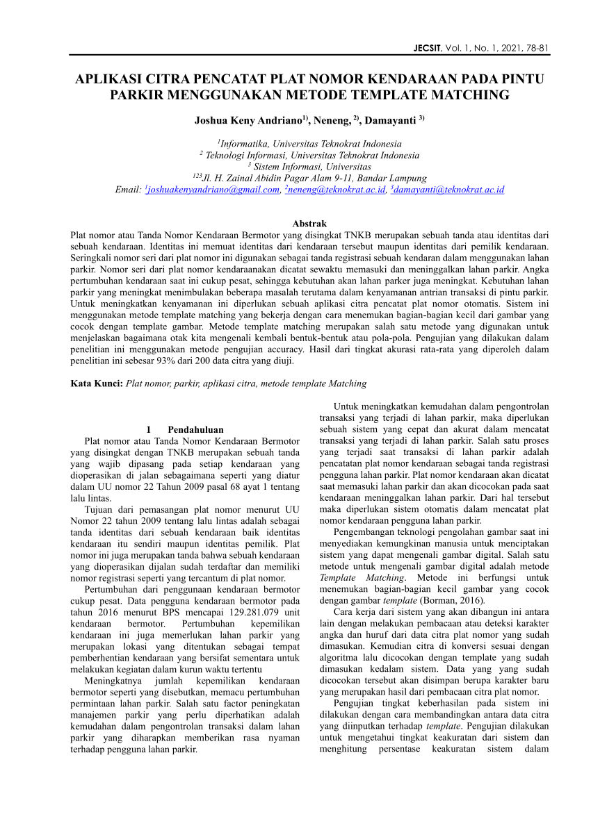 Aplikasi Pengenalan Plat Nomor Kendaraan Menggunakan Metode Template Matching