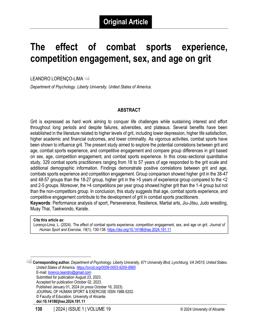 PDF) The Effect of Combat Sports Experience, Competition Engagement, Sex,  and Age on Grit