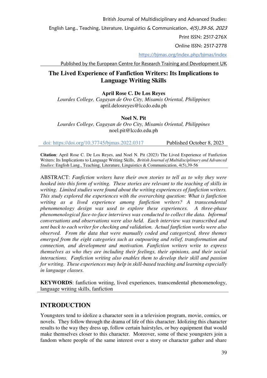 PDF) The Lived Experience of Fanfiction Writers: Its Implications to  Language Writing Skills