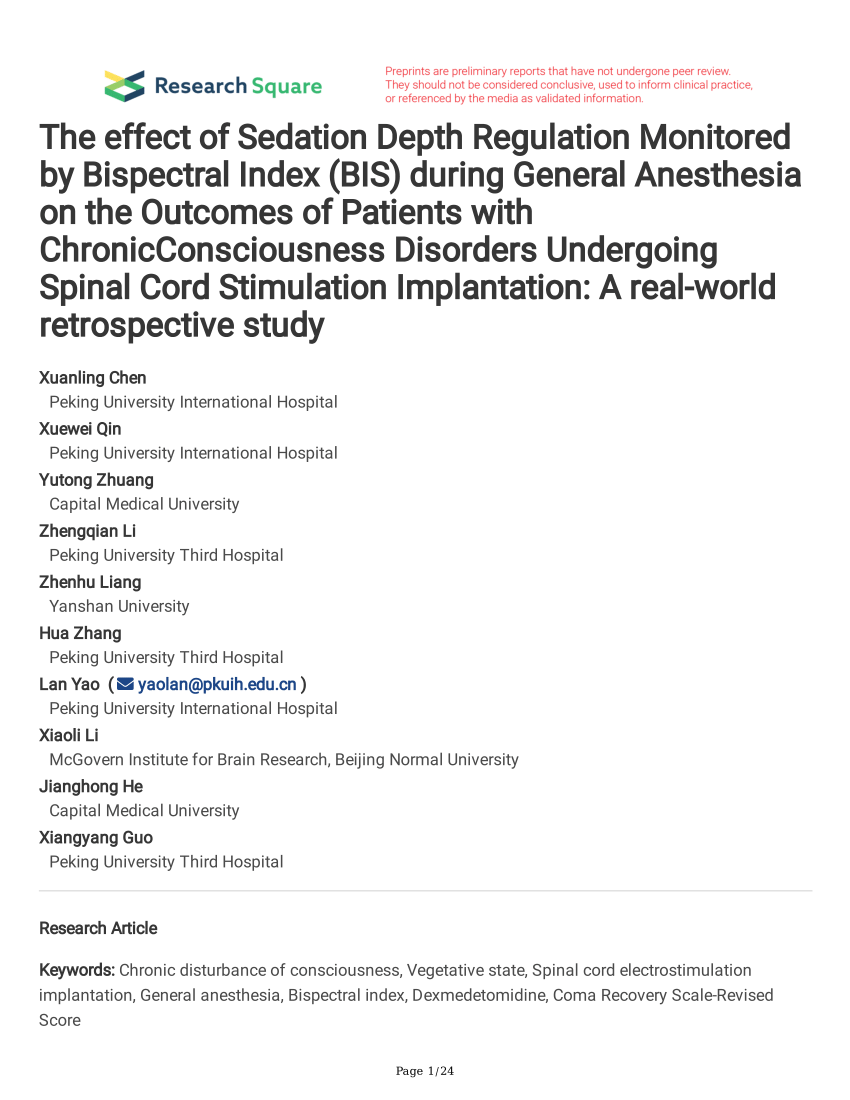 PDF) The effect of Sedation Depth Regulation Monitored by Bispectral Index  (BIS) during General Anesthesia on the Outcomes of Patients with  ChronicConsciousness Disorders Undergoing Spinal Cord Stimulation  Implantation: A real-world retrospective study