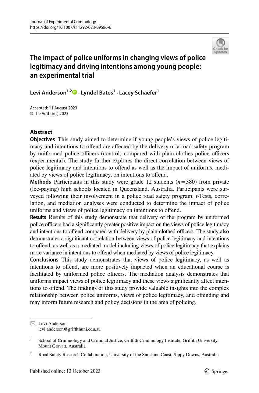 PDF) The impact of police uniforms in changing views of police legitimacy  and driving intentions among young people: an experimental trial