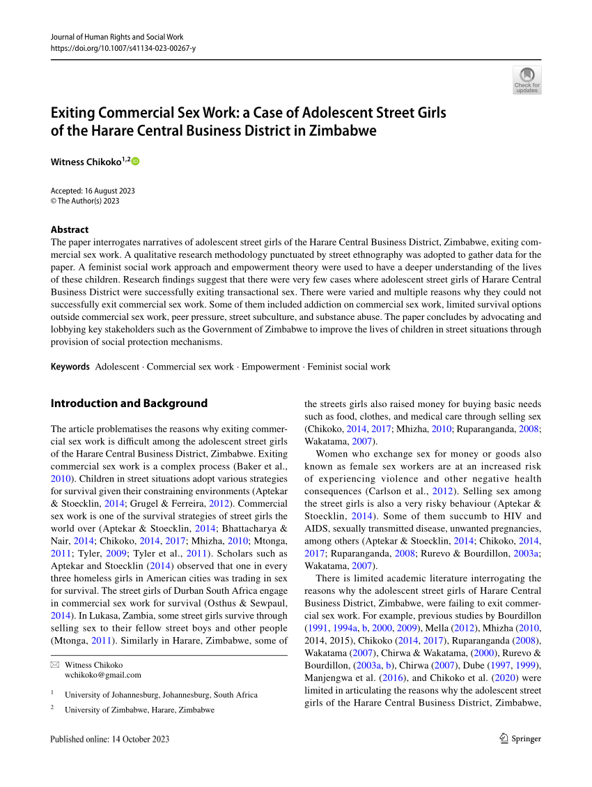 PDF) Exiting Commercial Sex Work: a Case of Adolescent Street Girls of the  Harare Central Business District in Zimbabwe