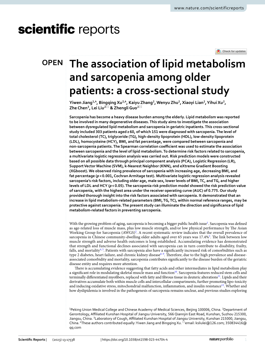 Pdf The Association Of Lipid Metabolism And Sarcopenia Among Older Patients A Cross Sectional 