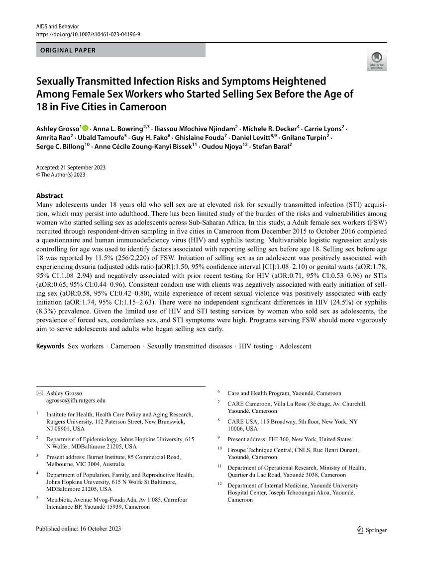 Pdf Sexually Transmitted Infection Risks And Symptoms Heightened Among Female Sex Workers Who 7227