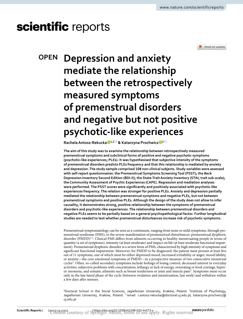 PDF) Depression and anxiety mediate the relationship between the  retrospectively measured symptoms of premenstrual disorders and negative  but not positive psychotic-like experiences