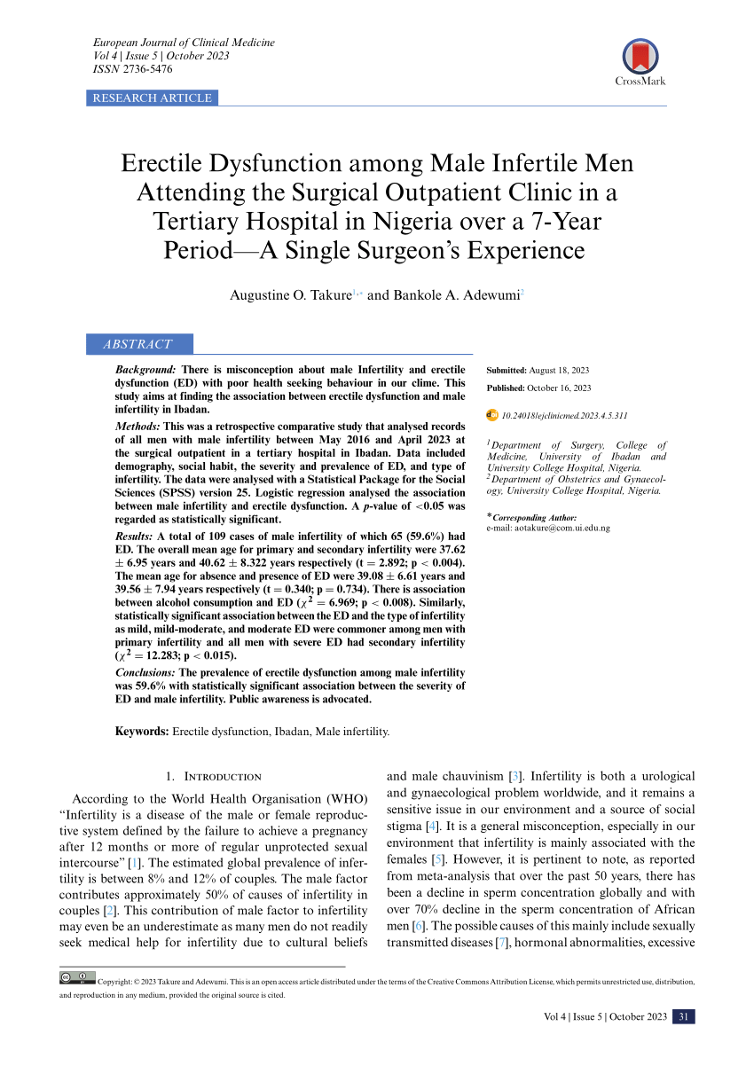 PDF Erectile Dysfunction among Male Infertile Men Attending the