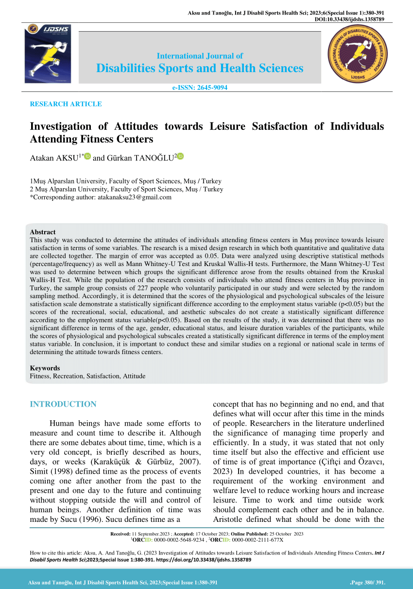Pdf Investigation Of Attitudes Towards Leisure Satisfaction Of Individuals Attending Fitness
