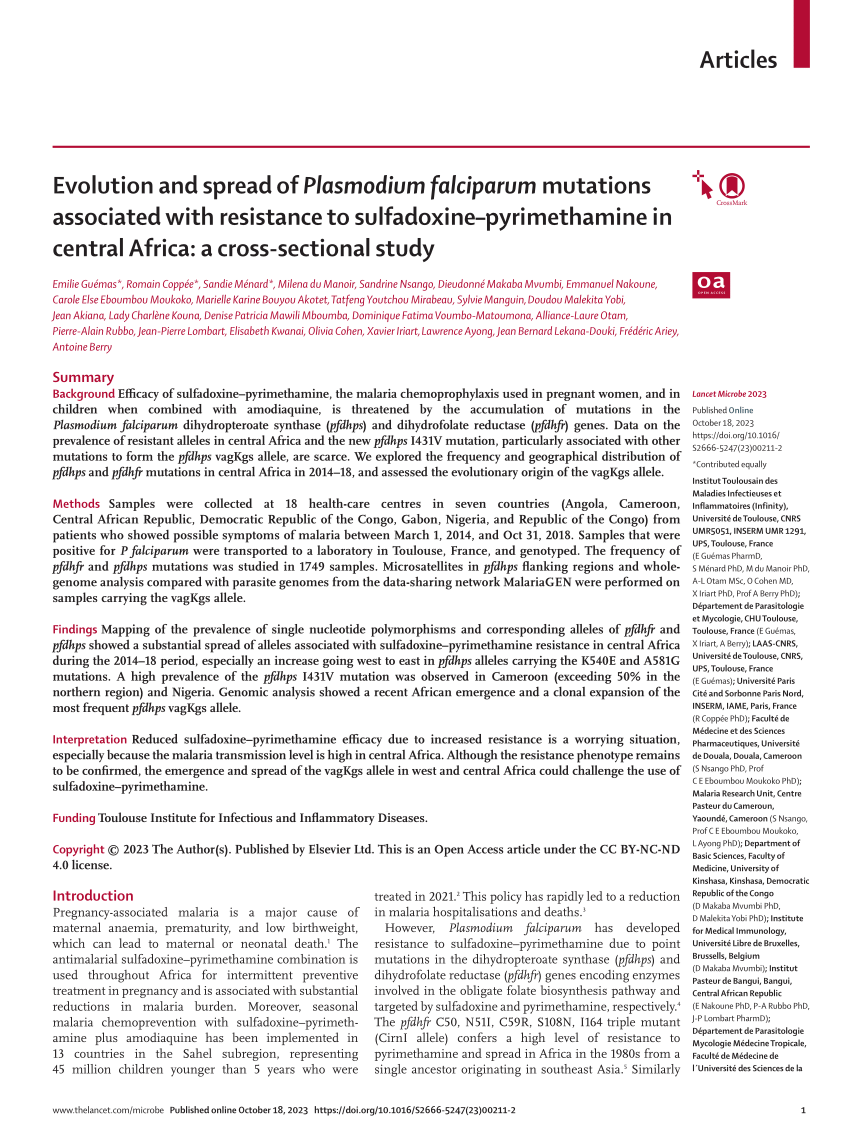 Evolution and spread of Plasmodium falciparum mutations associated with  resistance to sulfadoxine–pyrimethamine in central Africa: a  cross-sectional study - The Lancet Microbe