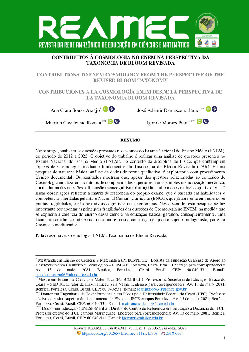 PDF) Taxonomia de Bloom Revisada e sua relação com o desempenho nos itens  de física do ENEM