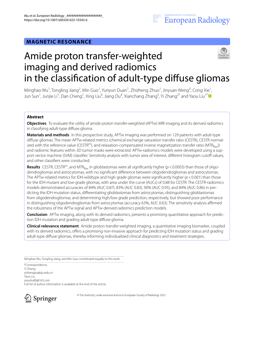 Pdf Amide Proton Transfer Weighted Imaging And Derived Radiomics In The Classification Of 