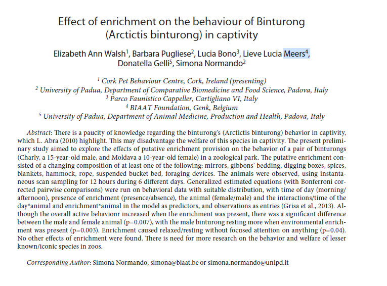 Pdf Effect Of Enrichment On The Behaviour Of Binturong Arctictis Binturong In Captivity 8714