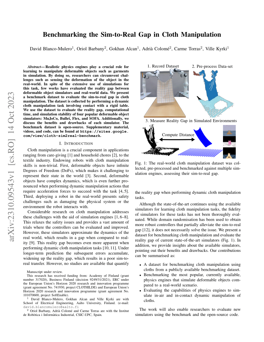 PDF) Benchmarking the Sim-to-Real Gap in Cloth Manipulation