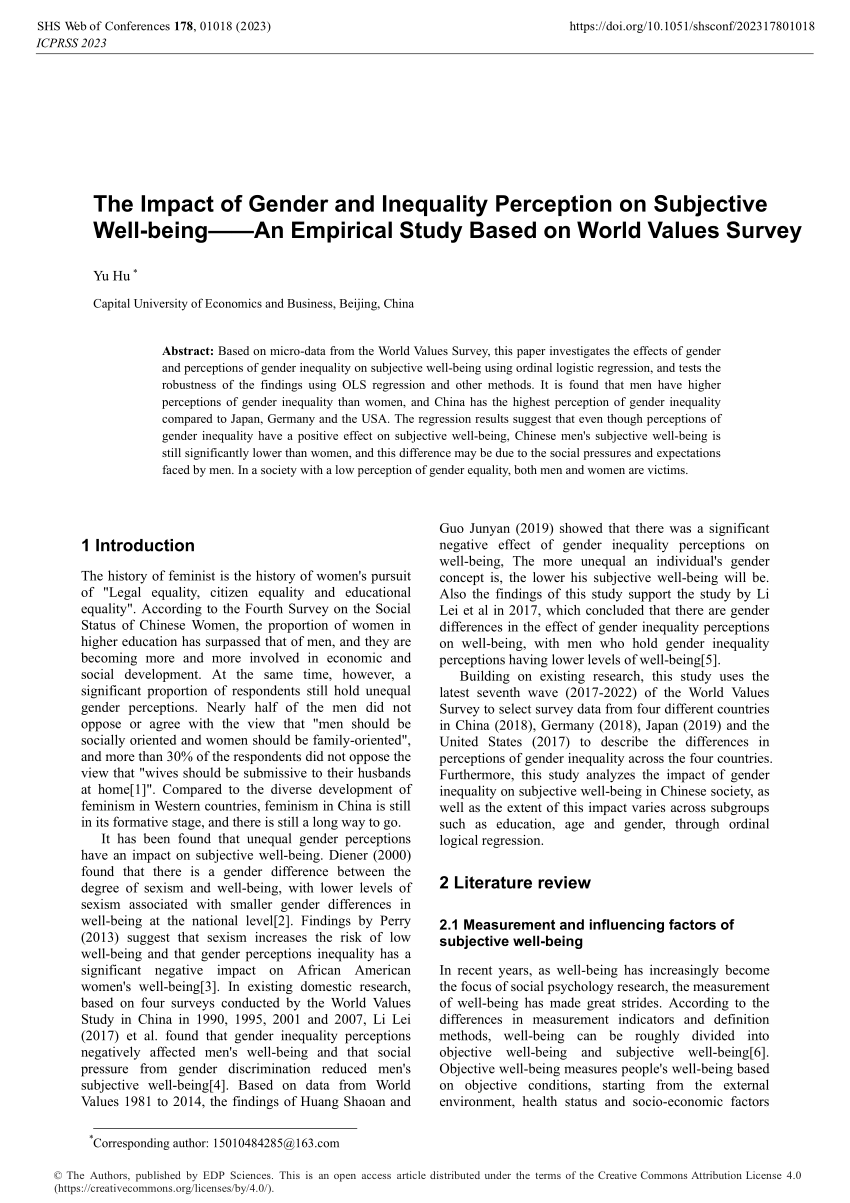 Pdf The Impact Of Gender And Inequality Perception On Subjective Well Being——an Empirical 