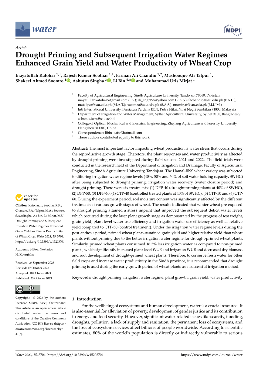 Pdf Drought Priming And Subsequent Irrigation Water Regimes Enhanced Grain Yield And Water