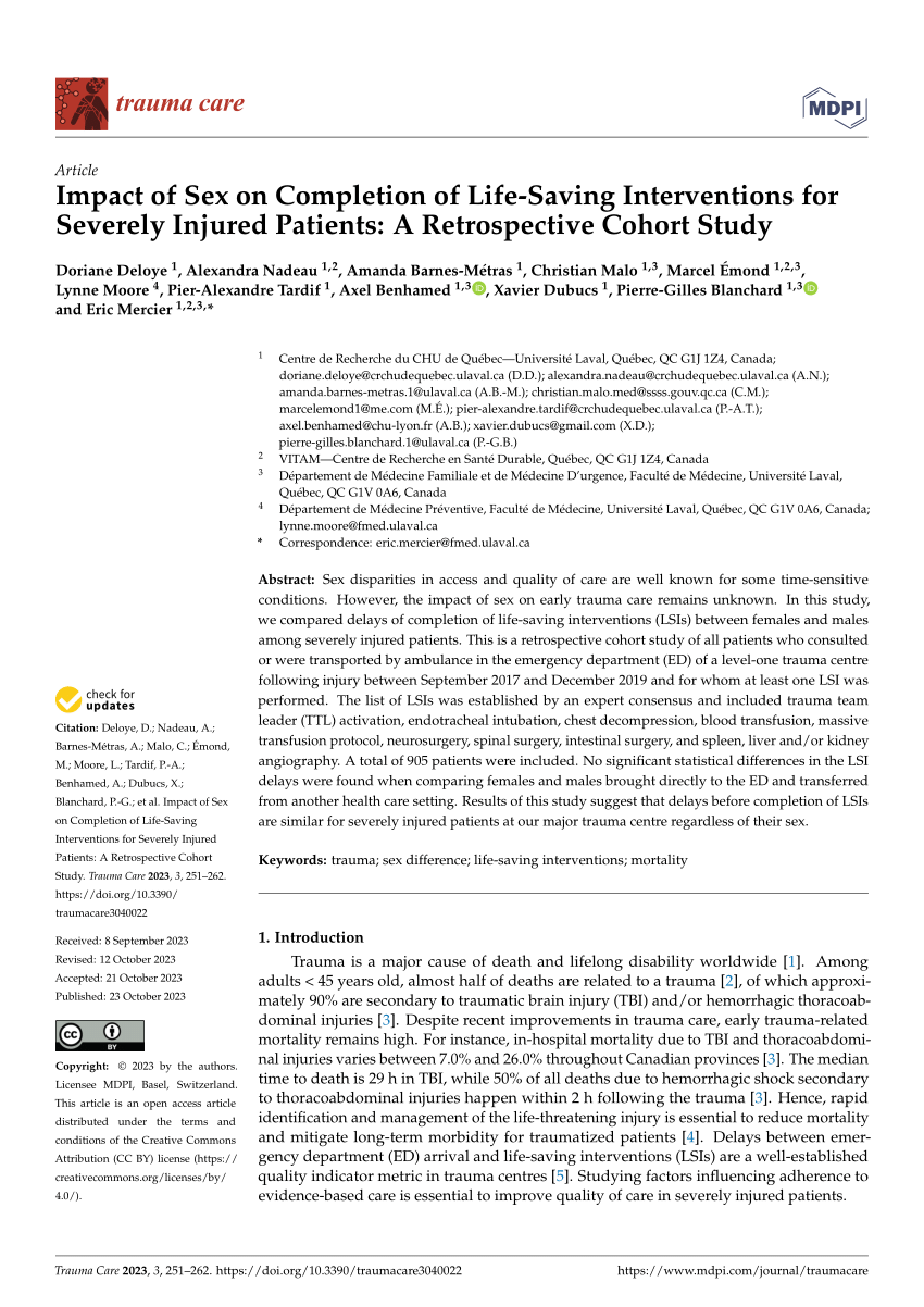 Pdf Impact Of Sex On Completion Of Life Saving Interventions For Severely Injured Patients A