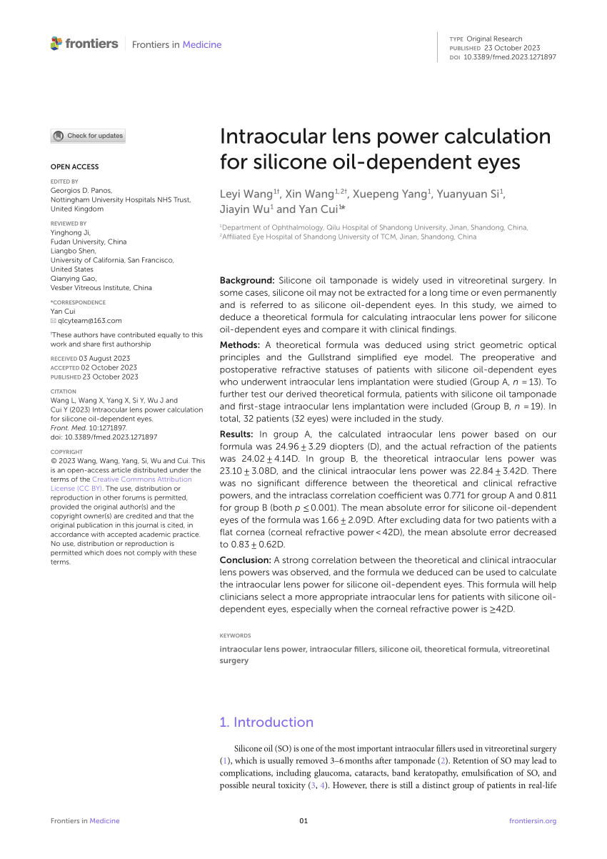 (PDF) Intraocular lens power calculation for silicone oildependent eyes