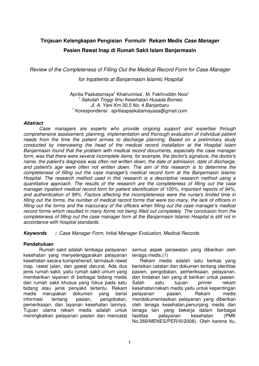 Pdf Tinjauan Kelengkapan Pengisian Formulir Rekam Medis Case Manager Pasien Rawat Inap Di 4768