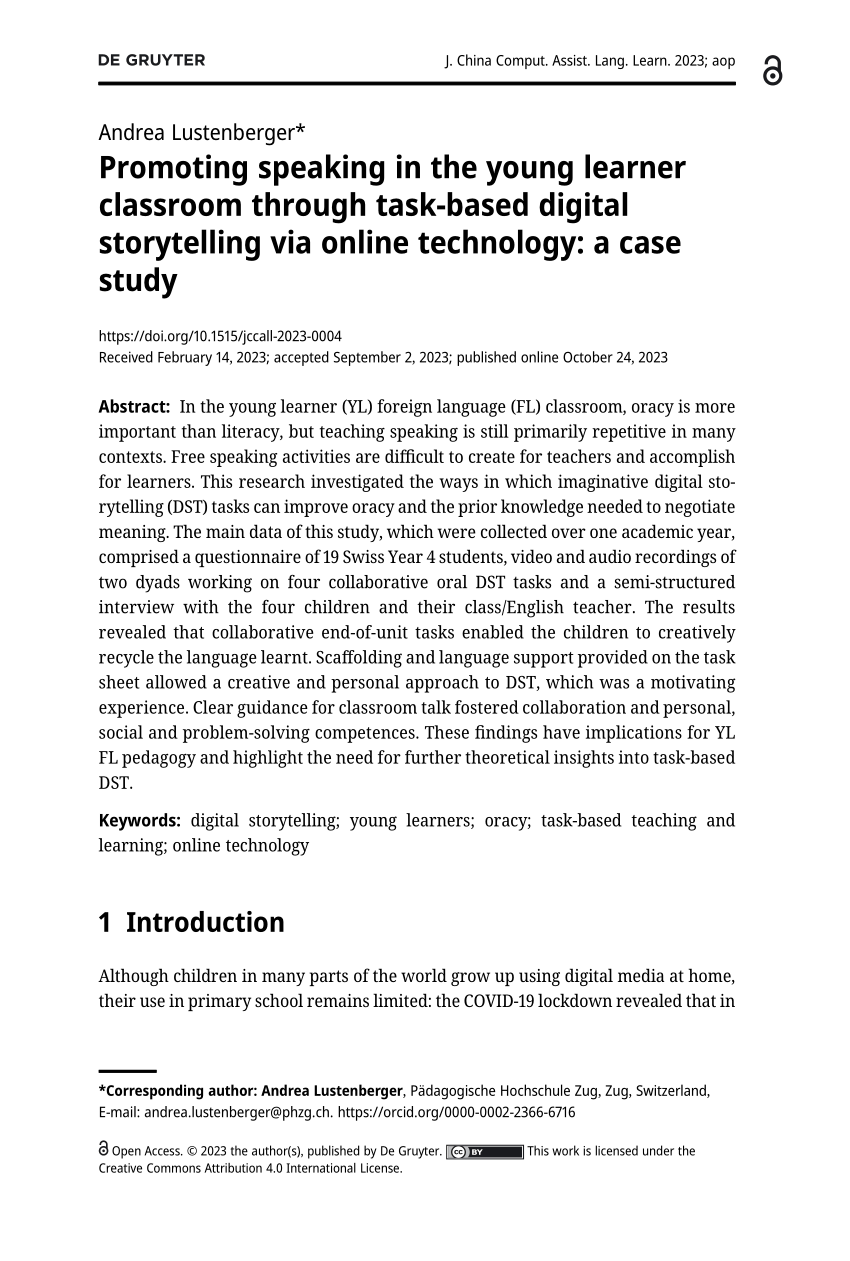 PDF) Promoting speaking in the young learner classroom through task-based  digital storytelling via online technology: a case study
