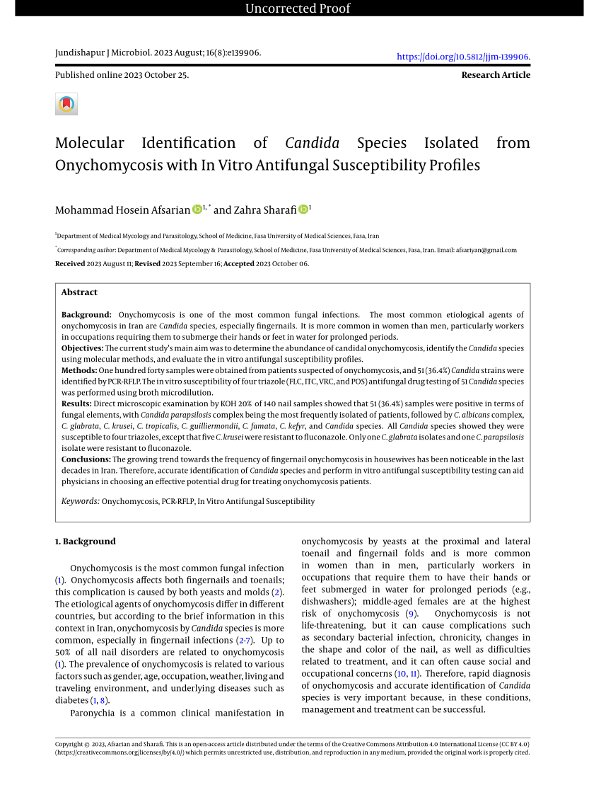 Pdf Molecular Identification Of Candida Species Isolated From Onychomycosis With In Vitro 