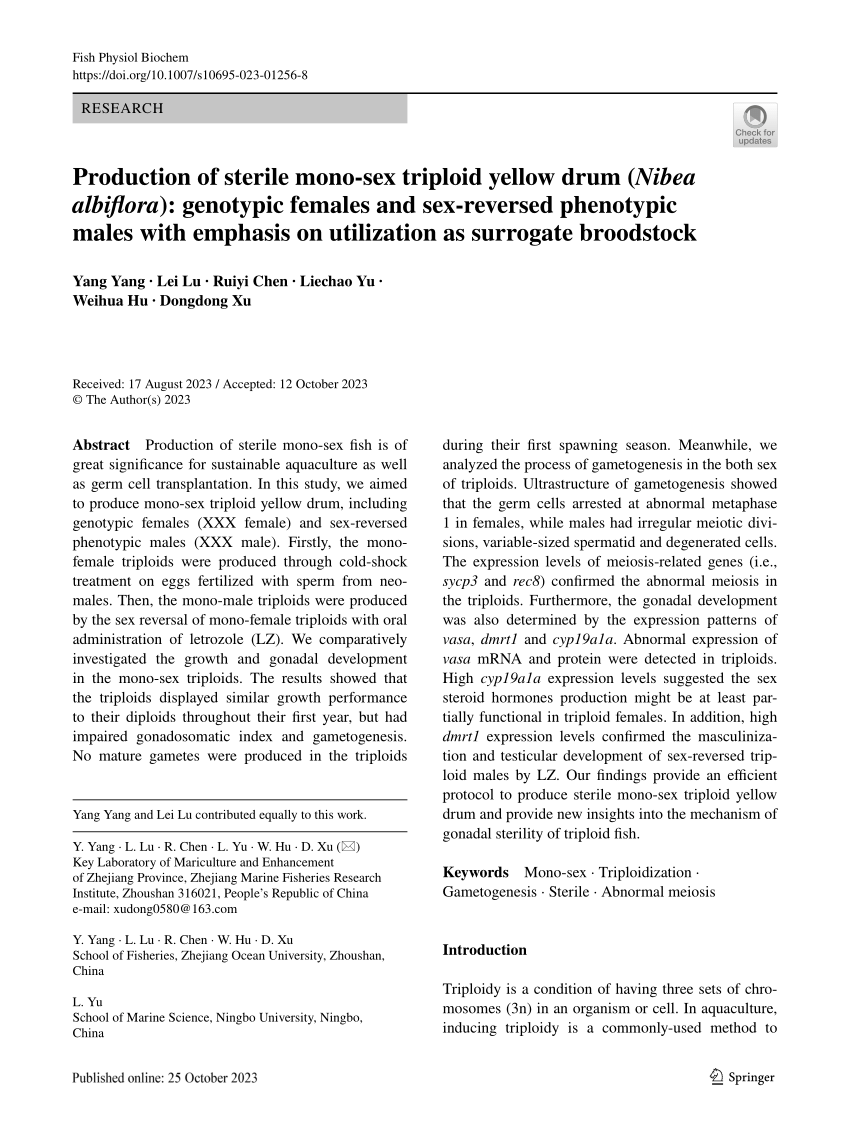 PDF) Production of sterile mono-sex triploid yellow drum (Nibea albiflora):  genotypic females and sex-reversed phenotypic males with emphasis on  utilization as surrogate broodstock