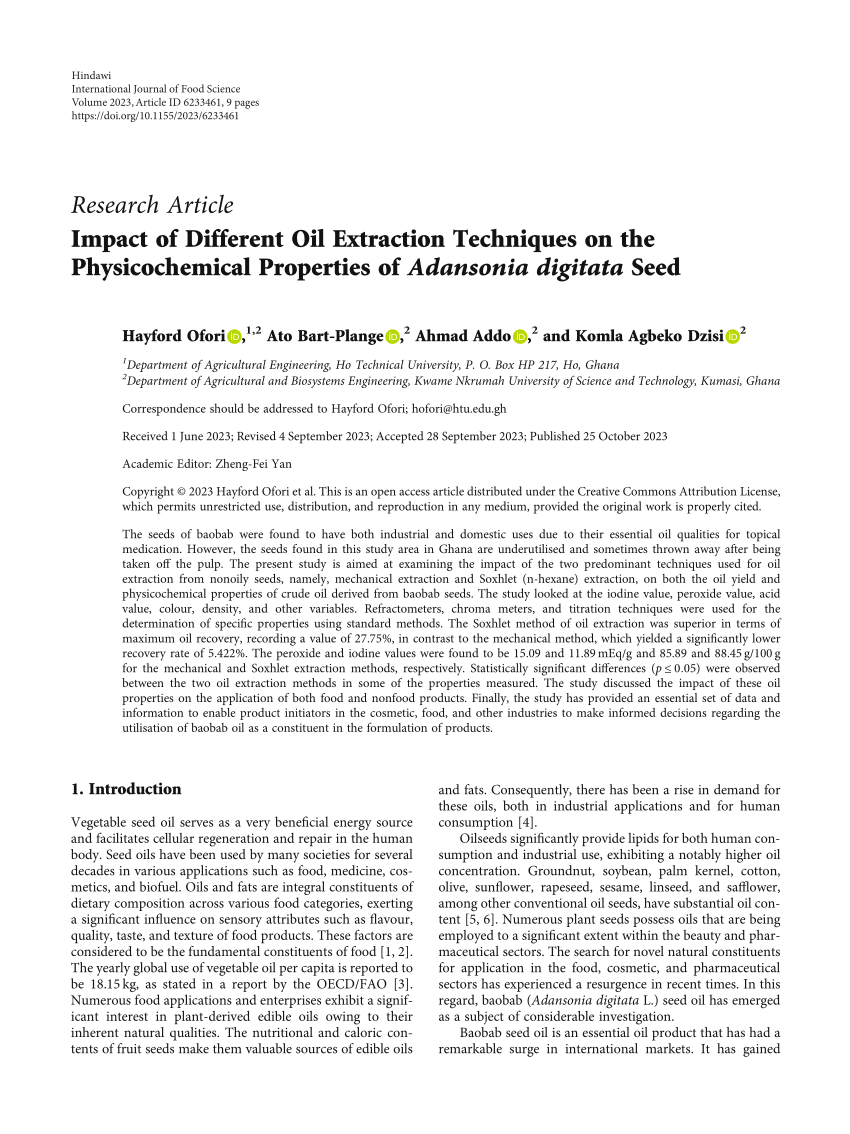 (PDF) Impact of Different Oil Extraction Techniques on the 