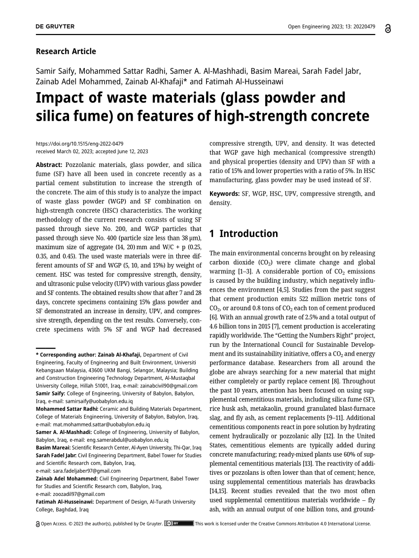 PDF) Impact of waste materials (glass powder and silica fume) on