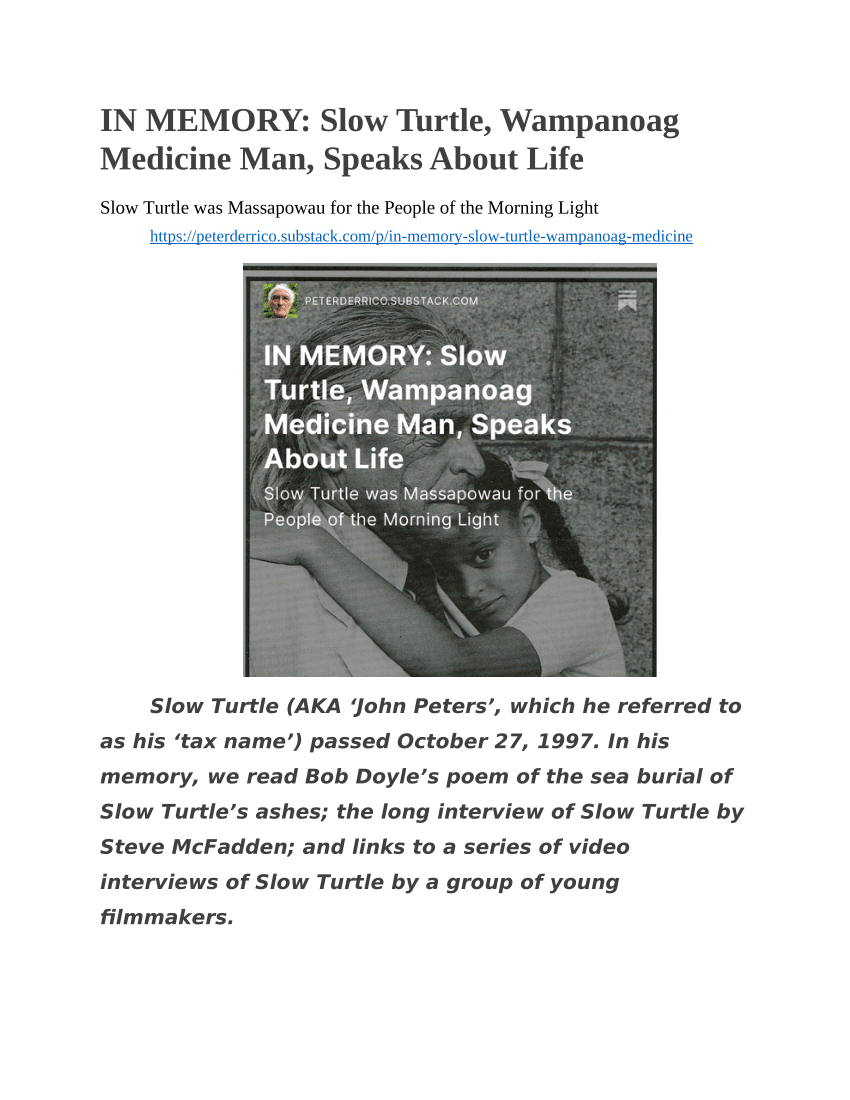 (PDF) IN MEMORY: Slow Turtle, Wampanoag Medicine Man, Speaks About Life