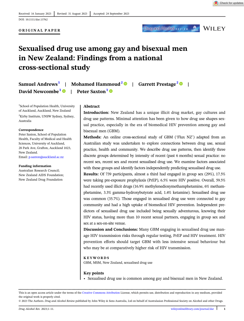 PDF) Sexualised drug use among gay and bisexual men in New Zealand:  Findings from a national cross‐sectional study