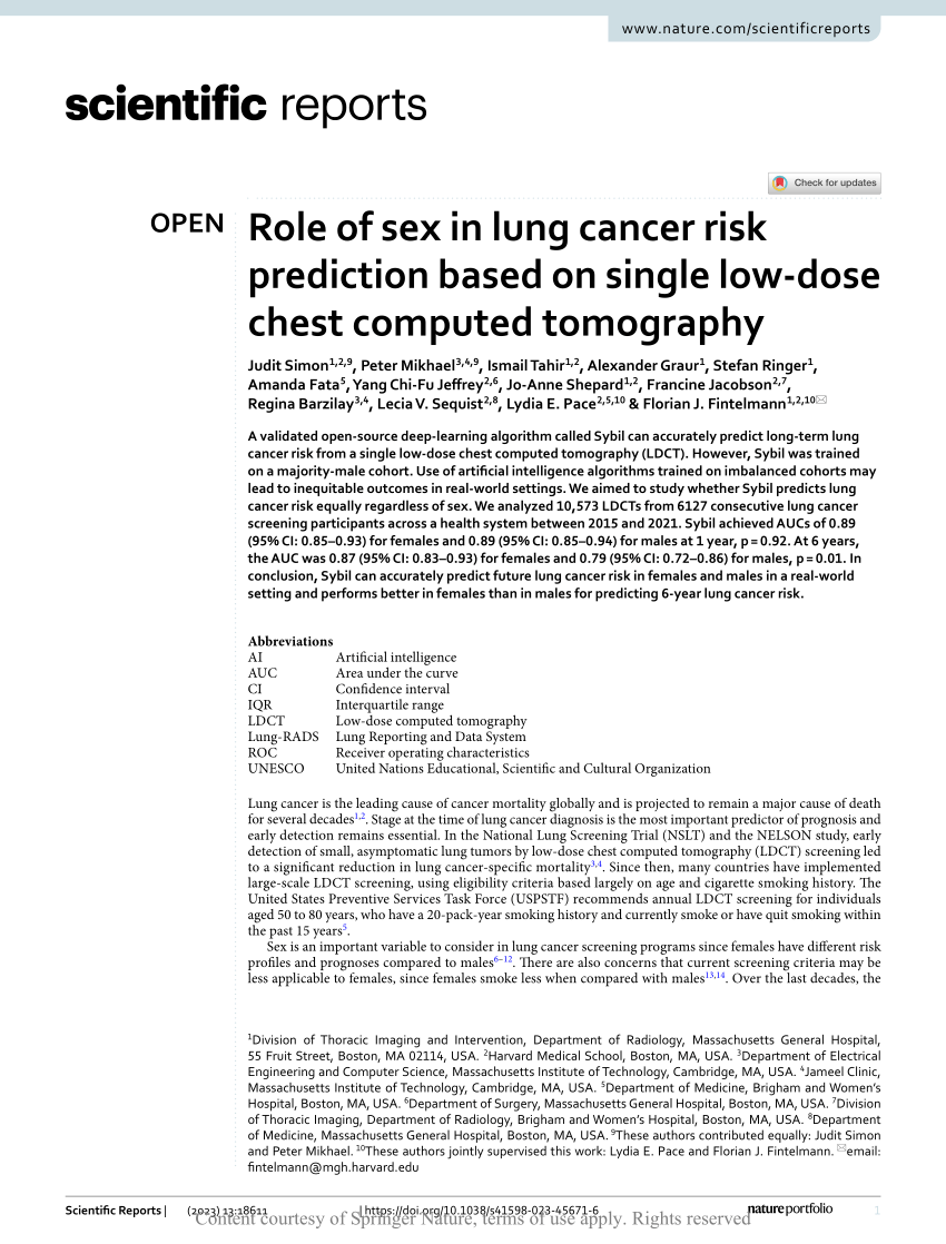 Pdf Role Of Sex In Lung Cancer Risk Prediction Based On Single Low Dose Chest Computed Tomography