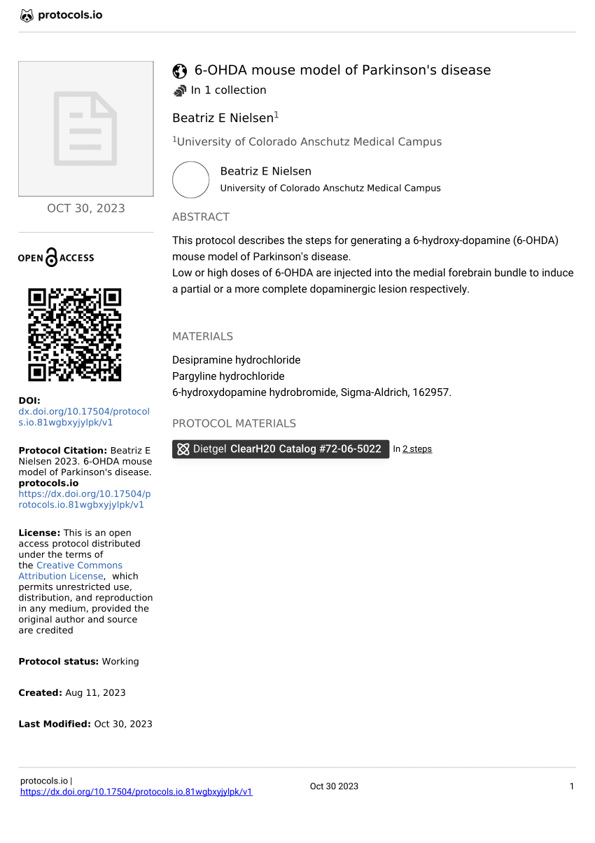 (PDF) 6-OHDA mouse model of Parkinson's disease v1