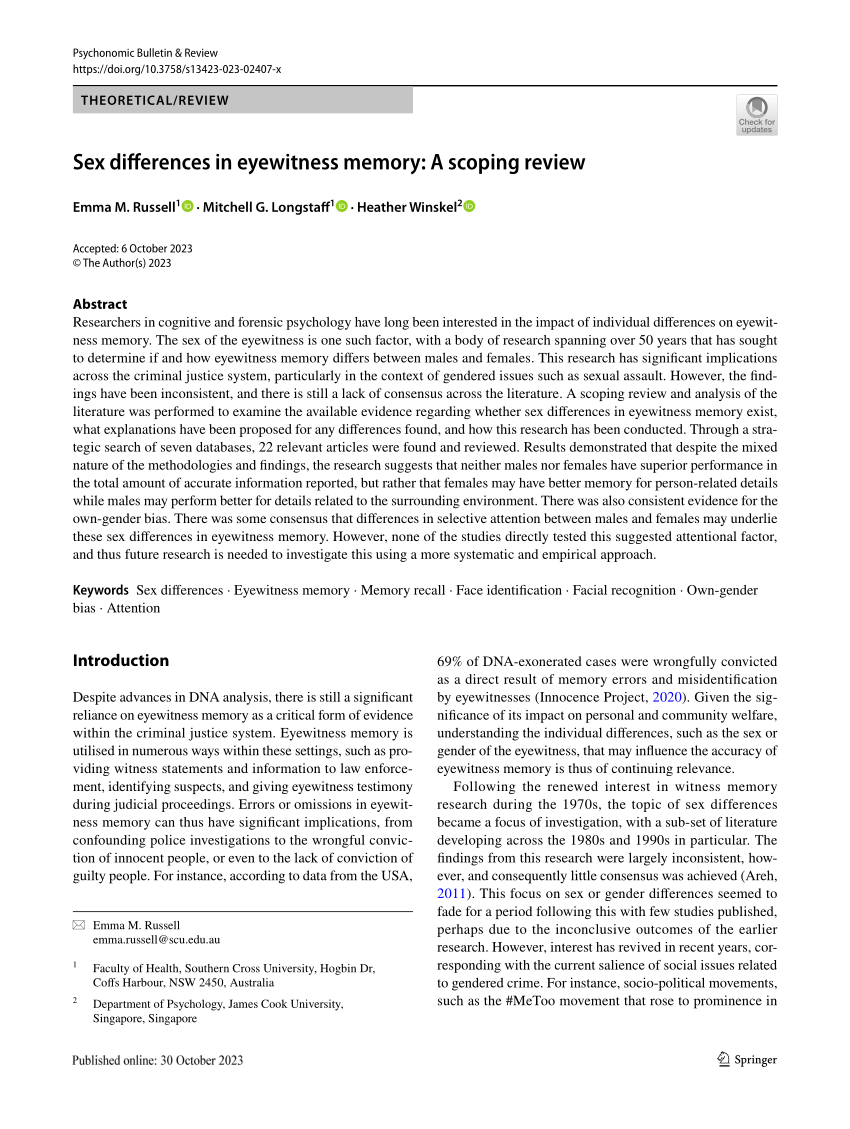 Pdf Sex Differences In Eyewitness Memory A Scoping Review