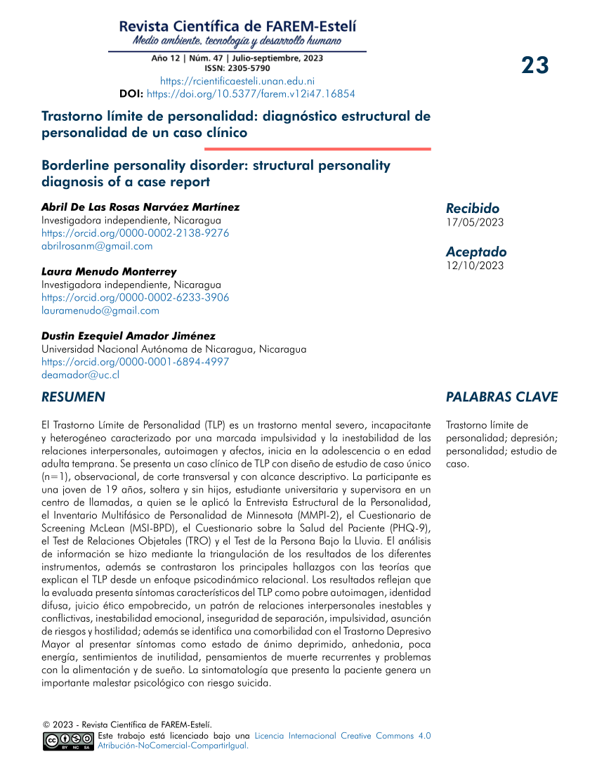 Pdf Trastorno Límite De Personalidad Diagnóstico Estructural De Personalidad De Un Caso Clínico 1574